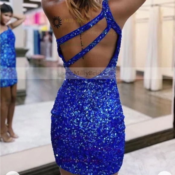 New royal blue sequin dress one shoulder Homecoming Prom dance wedding - Picture 2 of 4